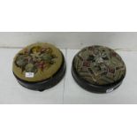 Pair of Victorian pine Footstools, brass beaded borders, tapestry tops, ebonised (one rim