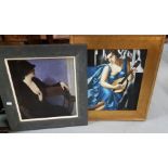2 x large modern Portraits of ladies, Lady in Black (green frame) and Lady with Mandolin (gold