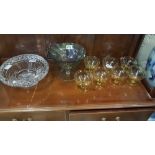 STUART, ENGLAND Crystal footed Bowl, diamond cut, 25cm dia, 7 x amber glass footed Dessert Bowls,