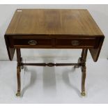 A Mahogany sofa table, fitted two drawers, on splayed caster supports, (reproduction), extends to