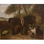 G Armfield, 1810-1893 Painting, saddled brown horse in countryside with hunting dogs and