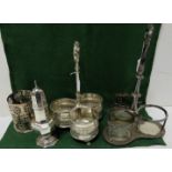 2 silver plated bottle stands, plated sugar sifter & a bottle stand (4)