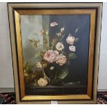 T H TURAGA - Still Life of pink roses, Oil on canvas, signed by artist, 49cm x 39cm, mounted in gold