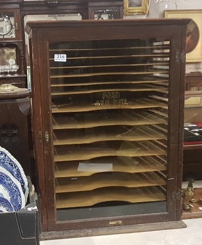 Shop antique glass cased Stationery Cabinet with sliding trays (Label - CRESSWELL, LONDON FORD 428