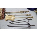 3 piece brass Fire Iron Set and 2 Steel Tongs (5)