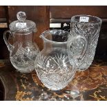 4 Cut Crystal Items – Water Jug with Lid, 2 x tall Vases & a large water jug (no lid) (4)