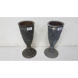 Matching pair of Victorian Lead Urns, each 33cm h x 13cm dia, embossed with heavenly mythical