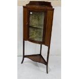 Edwardian mahogany line inlaid semi bow fronted Corner Cabinet with galleried top, single glazed