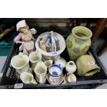 Box of Jugs with pig designs, Pottery Figures, Vase, Stoneware Jar, figure of a lady (damaged) etc