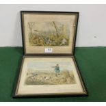 2 x framed old coloured prints, “Partridge Shooting” and “Pheasant Shooting”, published by Thos