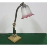 Late 19th C heavy brass Table Lamp, with adjustable neck, red shade, electrified