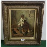 Victorian Oil on Board, boy feeding hens, 25cm x 30cm in a moulded gold frame (unsigned)