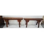 Matching pair of 19th C Chinese wooden Benches with 4 ribbed legs, each 1.04m w x 49cm h x 17cm d (