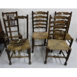 4 x Antique Pine Kitchen Chairs with rush seats & a spindle back chair with no seat (all for