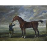 Large Oil on Canvas – Regency Study – Racing Horse with Trainer with racetrack in background, 90cm x