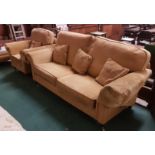 Modern 3-seater settee covered with gold fabric on turned front legs, brass casters, 200cm w x