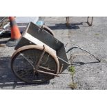 Postman’s cart (or a dog cart), a wooden box shape on 2 wheels, 84cm w x 148cm long