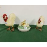 2 Piece painted metal Chicken Group and a porcelain