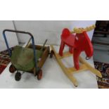 Small wooden Rocking Moose, painted red, a vintage Baby Walker and small tin Wheelbarrow (3)