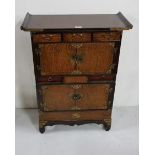 Small Japanese Side Cabinet, 3 short drawers over 2 x 2 door cabinets, butterfly shaped brass