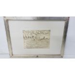 Antique Chinese Lithograph, “Emperor on a river boat”, 18cm x 25cm, in a modern silver frame