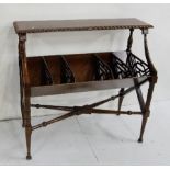 Mahogany low sized Bookstand, a rope edge upper shelf over 5 compartments on bamboo style legs,