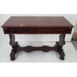 Late 19th C mahogany Side Table, 2 apron drawers, turned mahogany knobs (one damaged), shaped