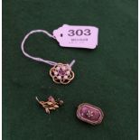 Three 9ct Gold small Victorian Brooches – one with 5 pearls around a pink tourmaline, a floral