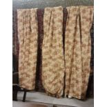 Matching Set of 3 Long Length and fully lined Window Curtains, beige ground with red floral designs,