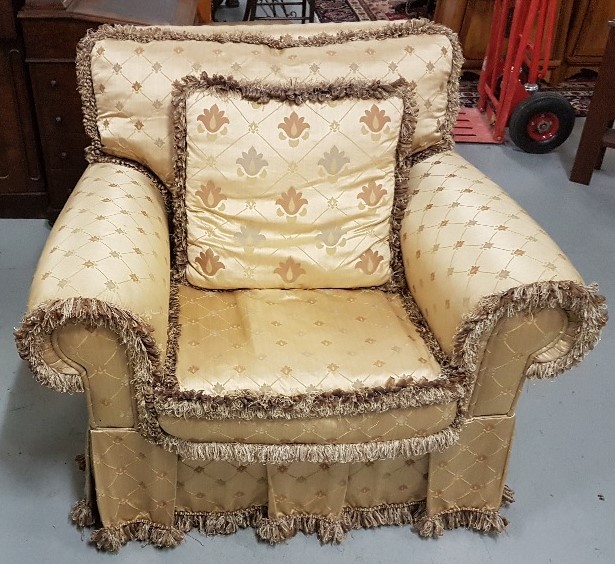 Good Quality Large Armchair, with yellow ground silk floral pattern, plump cushions and removable
