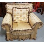 Good Quality Large Armchair, with yellow ground silk floral pattern, plump cushions and removable