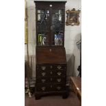 Compact 19th C mahogany Bureau Bookcase, 2 glazed doors enclosing 2 adjustable shelves above the