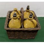 Set of 4 diamond shaped stoneware Bottles (3 with stoppers), stamped Irish Whisky, Brandy,