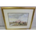 Watercolour - Saving the Turf, signed J McDonald, Irish Artist, 22cm x 30cm, mounted in gold frame