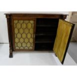 Late 19th C mahogany Side Cabinet, breakfront and rope edge top over 2 diamond glazed doors with