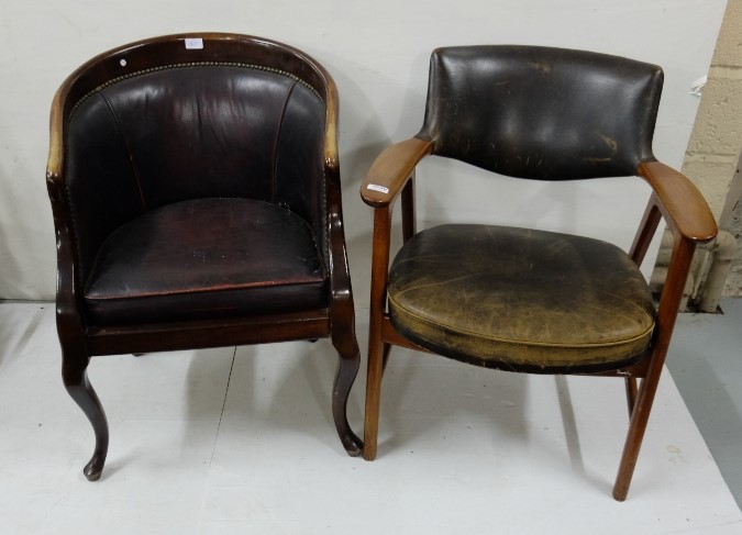 Vintage teak framed Armchair with black leather padded back and seat (worn) and another Armchair