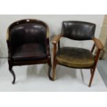 Vintage teak framed Armchair with black leather padded back and seat (worn) and another Armchair