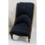 Victorian mahogany framed low Easy Chair, tartan fabric covered seat and back