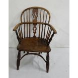 19th C Carver wooden Chair, spindle back, curved stretcher, 82cm h