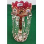 Victorian Bohemian Red Glass Centrepiece, with 10 matching facet cut crystal droplets, the top