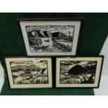 3 x framed Woodcuts by Desmond Turner (1964), landscapes and port scenes, each 18.5cm x 25cm (3)