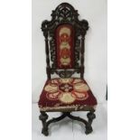 Continental Oak Hall Chair, tapestry upholstered seat and back, with decorative to the top rail