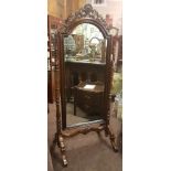 Late 19th c Mahogany Cheval Mirror, inset with bevelled and arched mirror, with turned supports,