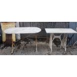 Singer sewing machine metal Base and another metal garden Table with oval white marble top, 1.2m