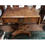 Late 19th C mahogany Sofa Table with cross banded mahogany top and drop ends on a square pod,