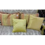 2 x fringed silk cushions – red and gold stripes (rectangular) & 2 x gold silk covered cushions (4)