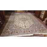 Cream Ground Persian Kashan Carpet, with a traditional Iranian design and blue borders, 3.42m x 2.