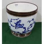 Blue and white porcelain Jardinere, hand painted with birds on tree branches, signed B & T on the