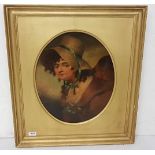 Interesting 19thC Oil on Canvas – Oval Shaped Portrait of a Woman wearing a Straw Bonnet with a