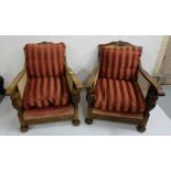 2 x large oak framed Armchairs, with cane backs and red stripe cushion seats (2)